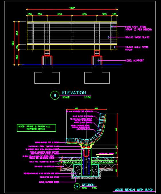 Garden Wooden Bench CAD Drawing- Steel Frame Detail